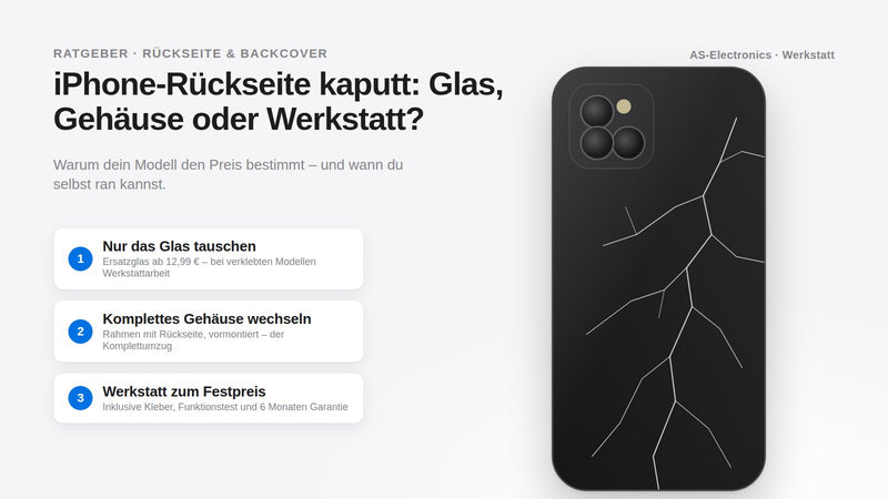 iPhone mit gesprungener Glasrückseite und die drei Reparaturwege: Glas tauschen, Gehäuse wechseln, Werkstatt