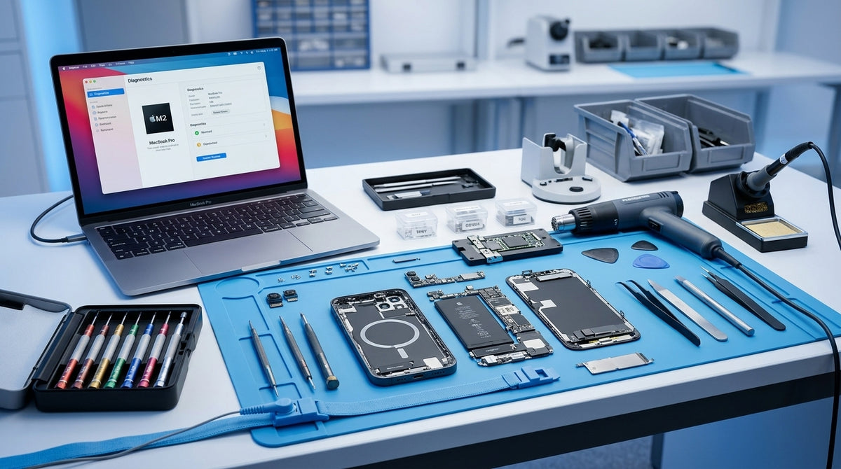Werkbank bei AS-Electronics mit zerlegten Smartphones, Werkzeug und Diagnose am MacBook